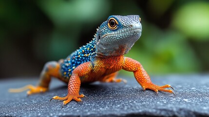 Wall Mural - macro shot of an agama lizard resting on a table capturing the intricate details of its scales and s