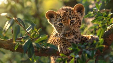 A cute leopard cub perched on the branch of an acacia tree