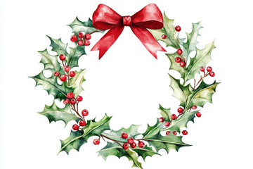 Wall Mural - Watercolor christmas wreath with red bow, featuring holly leaves and berries