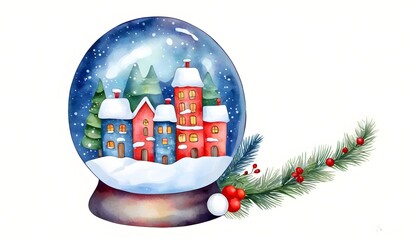 Wall Mural - Enchanting watercolor snow globe featuring a cozy house nestled in a serene snowy landscape, capturing the magic of Christmas.