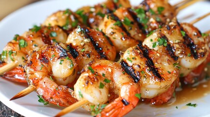 Grilled shrimp skewers on a white plate with fresh herbs and a sauce.