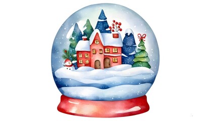 Wall Mural - Enchanting watercolor snow globe featuring a cozy house nestled in a serene snowy landscape, capturing the magic of Christmas.