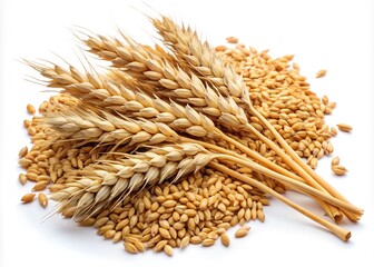 Dry wheat ears, grain isolated on white background