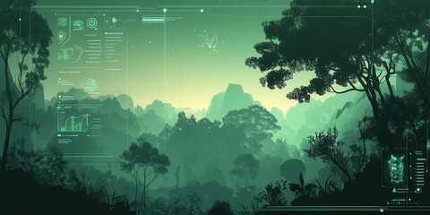 A serene digital landscape showcasing lush greenery and futuristic interface elements, perfect for tech and nature themes.