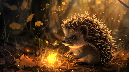 A cute little fantasy hedgehog is playing with fireflies