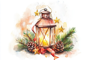Wall Mural - Watercolor painting of a glowing lantern surrounded by pine branches, pine cones, red ribbon, and golden stars