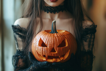 Canvas Print - mysterious person holding glowing pumpkin halloween night design generative ai