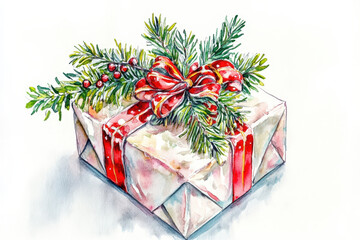 Wall Mural - Christmas gift box decorated with fir branches and red ribbon, a watercolor painting perfect for holiday projects