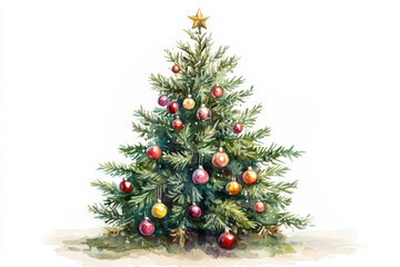 Wall Mural - Watercolor painting of a christmas tree decorated with colorful baubles and a star on top
