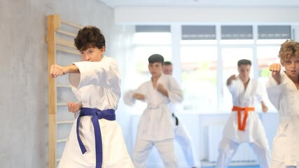 Wall Mural - Concentrated teenager in white kimono practicing punches in gym during group martial arts workout. Shadow fight, combat sports training concept 