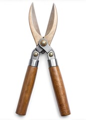 New metal garden scissors with wooden handle, retro style isolated on white background