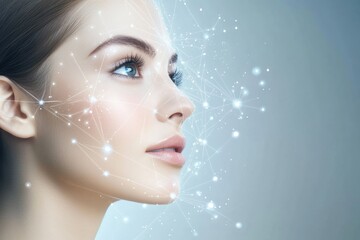 Poster - Illustration of abstract skincare procedure diagrams featuring lines and dots on a model's profile with a soft background. Generative AI
