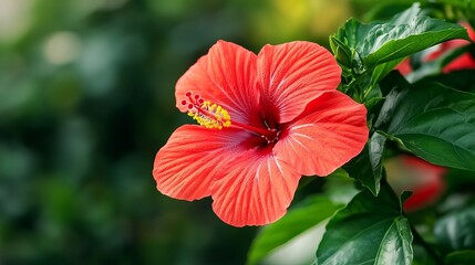 Canvas Print - A striking red hibiscus flower stands out beautifully against a backdrop of lush green leaves.