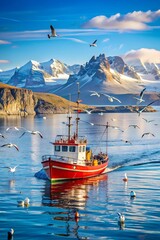 Fishing boat with landscape Greenland, beautiful panorama Nuuk fjord, ocean with mountain background