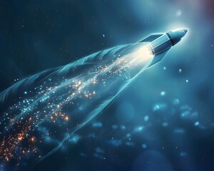 Wall Mural - feathery space rocket soaring elegantly into the cosmic realm with luminous particle trail