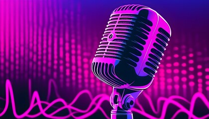 Wall Mural - Futuristic Retro Microphone in Metaverse with Pop Art Comic Aesthetic and Vibrant Pink Purple Gradients for Blockchain Entertainment Experience