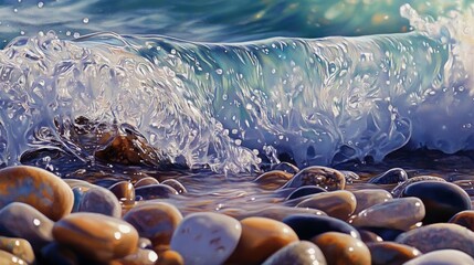Wall Mural - a close-up of a wave crashing on a pebble beach, with the water creating a mix of textures and color