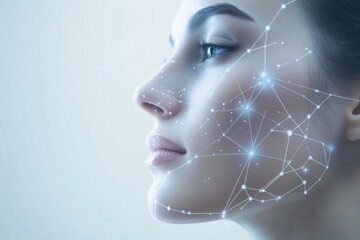 Fototapete - Abstract representation of skincare procedure diagrams with lines and dots overlaying a profile view of a woman's face. Generative AI