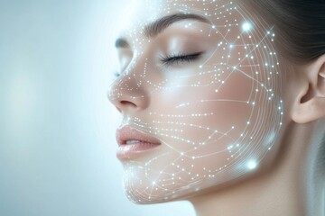 Leinwandbilder - Abstract design featuring lines and dots that illustrate skincare procedures on a serene model's face in soft light. Generative AI