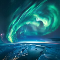 Wall Mural - Swirling Auroras Encircling Planet Earth Reflecting in the Oceans Below