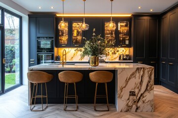 Wall Mural - Stylish modern kitchen design featuring dark cabinets and marble accents. The warm lighting adds a cozy feel. Perfect for contemporary homes and gatherings. Generative AI