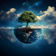 Planet Earth with a Majestic Tree Growing from Its Surface Symbolizing the Interconnection of Nature and Life