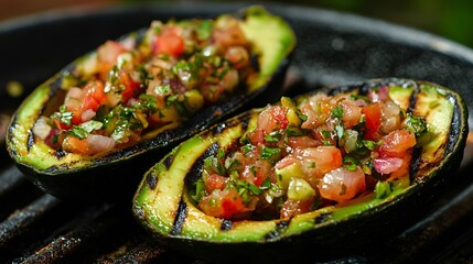 Two grilled avocado halves filled with fresh salsa.