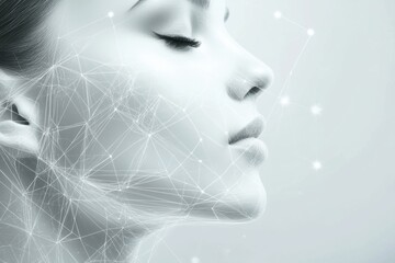 Poster - Abstract diagram illustrating skincare procedures with connecting lines and dots, showcasing a tranquil beauty profile. Generative AI
