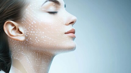 Poster - Abstract lines and dots create a contemporary skincare procedure diagram with a close-up of a serene profile against a light background. Generative AI
