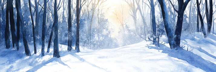 Wall Mural - Watercolor painting depicting a peaceful winter scene of sunlight illuminating a snowy path through a serene forest