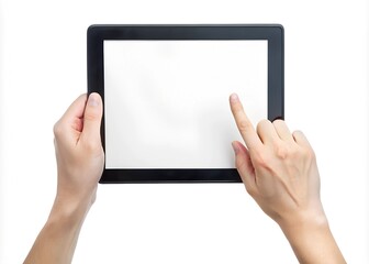 Hands touching blank screen of black tablet computer, isolated on white background