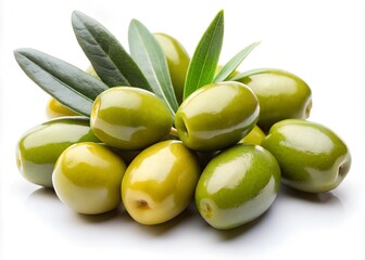 Delicious green olives with leaves, isolated on white background