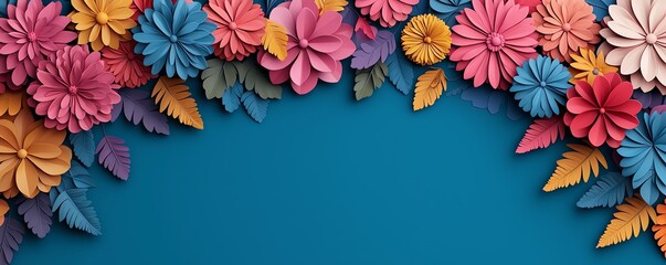 A vibrant arrangement of colorful paper flowers against a blue backdrop, ideal for decorative and artistic projects.