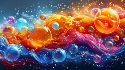 Wall Mural - Clear air bubbles in swirling paint fluids 3d rendering image. Surreal pigments splashing with glass balls background wallpaper colorful realistic. Fantasy expression concept idea