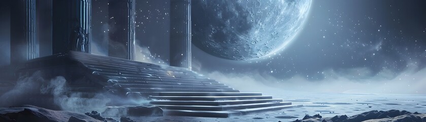 Wall Mural - glowing stone temple steps under a dramatic lunar landscape