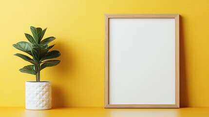 A minimalist interior scene featuring a blank frame beside a lush plant, set against a vibrant yellow background.