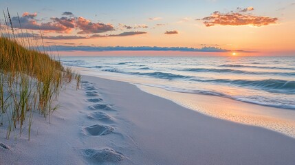 Wall Mural - footprints lead to the ocean as the sun sets, casting a golden glow over the beach and sky.