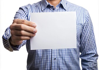 Male hand holding a blank sheet of paper (ticket, flyer, invitation, coupon, banknote, etc.), isolated on white background