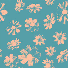 Canvas Print - Seamless pattern with flowers blooms stamps. Nature grunge background. Floral inky repeat design.