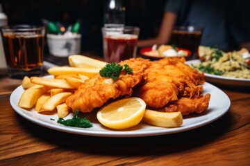 Wall Mural - Close up of fish and chips served on a plate