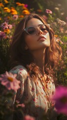 Poster - Young woman enjoying a sunny day surrounded by vibrant flowers in a blooming garden while wearing stylish sunglasses