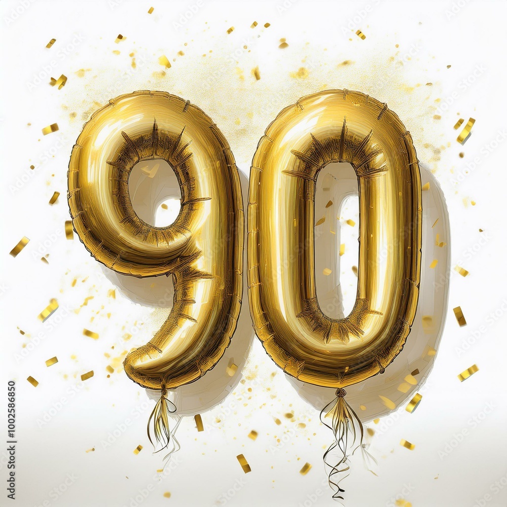 Gold birthday / anniversary balloon, number 90, white background with ...