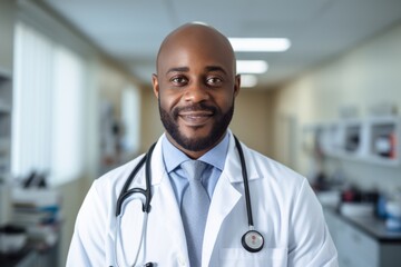 Smiling portrait of a middle aged African American male doctor in hospital