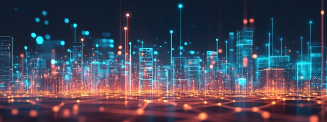 Abstract digital cityscape with glowing blue blocks representing buildings and network connections