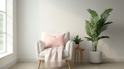 Wall Mural - Cozy living room corner featuring an inviting armchair, soft pillows, and lush indoor plants for a serene atmosphere.