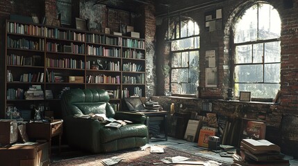 Wall Mural - Vintage Library Room with Sunlight Streaming Through Windows