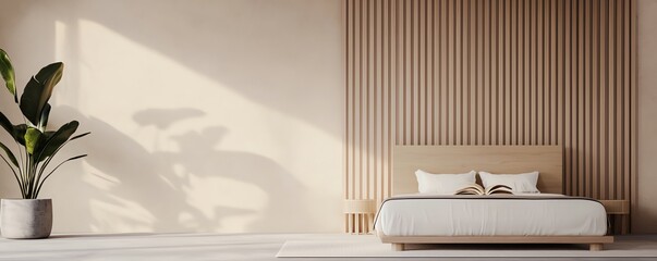 Wall Mural - Modern bedroom featuring a simple bed, wooden accent wall, and natural light from large windows, promoting relaxation and comfort.