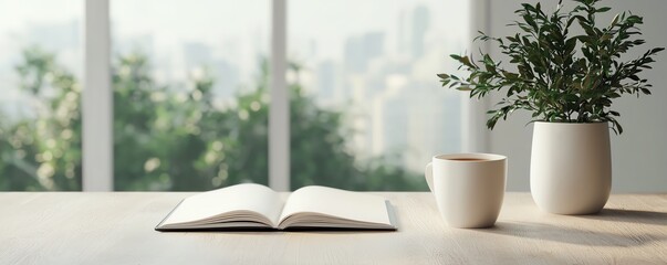 Wall Mural - A serene workspace featuring an open book, a cozy cup, and a vibrant plant, perfect for inspiration and creativity.