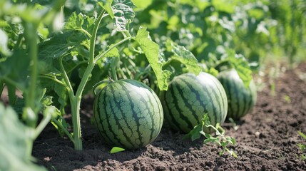 Canvas Print - Watermelons growing in a lush field under bright sunlight on a warm summer day