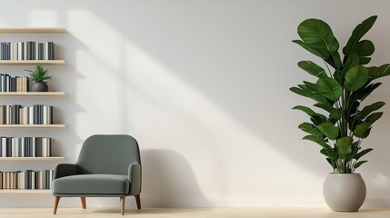 Wall Mural - A modern living room featuring a comfortable chair, bookshelf, and vibrant indoor plant creating a calming atmosphere.